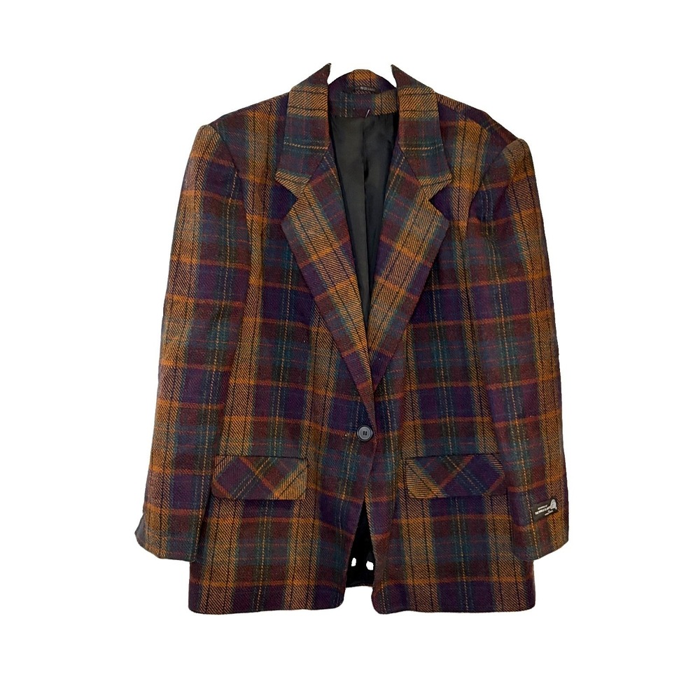 Larry Levine Vintage 100% Wool Plaid Blazer Dark Academia Brown Purple Size 12